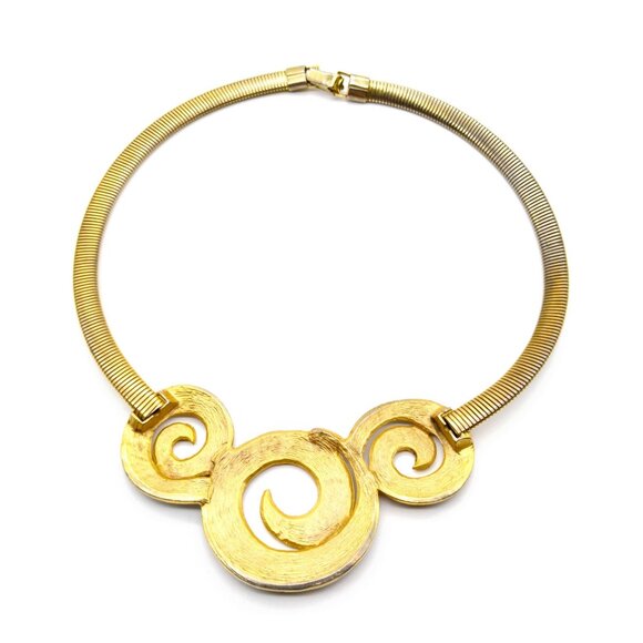 Chic Vintage Bib Omega Necklace, Gold Tone Chain Choker Enamel Triple Swirls - Picture 4 of 4